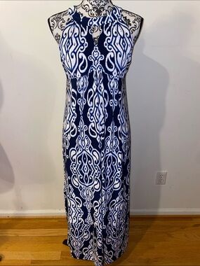 INC International Concepts Navy White Halter-Style Patterned Maxi Dress Size PL